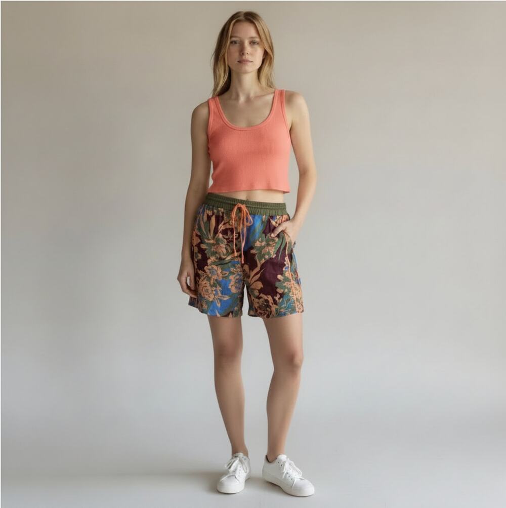Free People Floral Tropical Print Shorts M Drawstring Elastic Waist Boho NWT